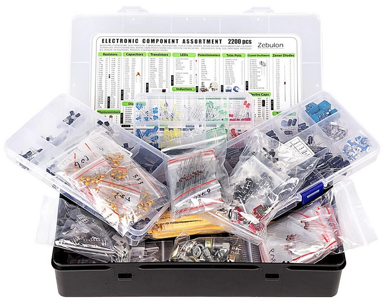 2200 pièces, Kit d'assortiment de composants électroniques : condensateurs, résistances, transistors, inductances, diodes, potentiomètre, circuits intégrés, LED et circuits imprimés.