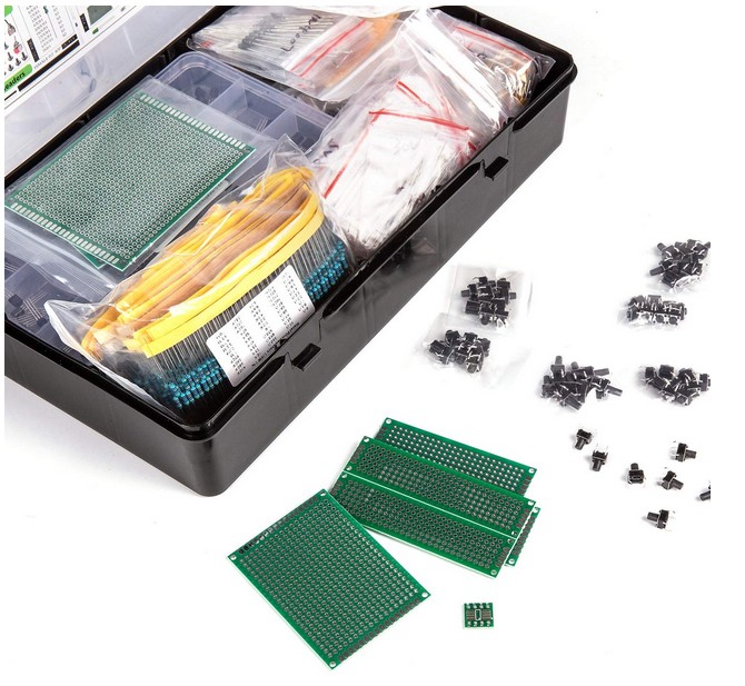 2200 pièces, Kit d'assortiment de composants électroniques : condensateurs, résistances, transistors, inductances, diodes, potentiomètre, circuits intégrés, LED et circuits imprimés. – Image 4