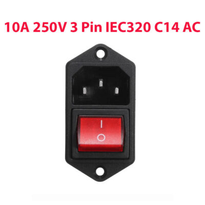 10A 250V 3 Pin IEC320 C14 AC Prise d’alimentation mâle à fiche d’entrée avec interrupteur Rouge