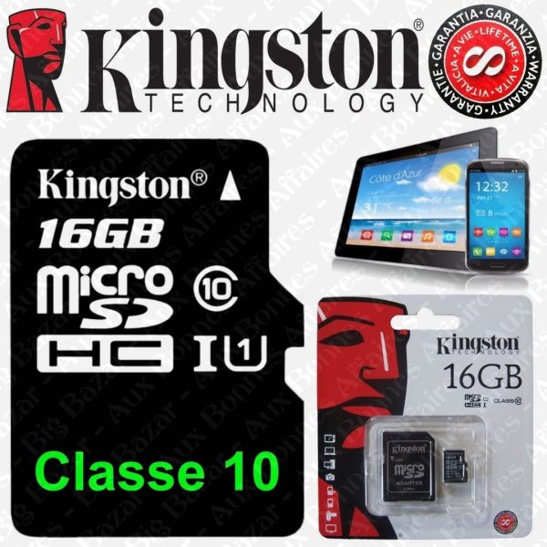Carte mémoire microSDHC Kingstone 16GO Classe 10 avec adaptateur