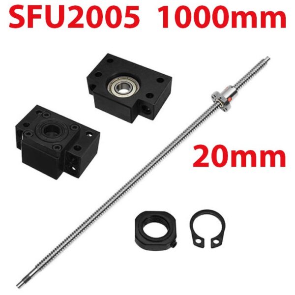 SFU2005 1000mm Kit Vis à billes 20mm par 1000mm avec écrou et paliers (BK15 + BF15)