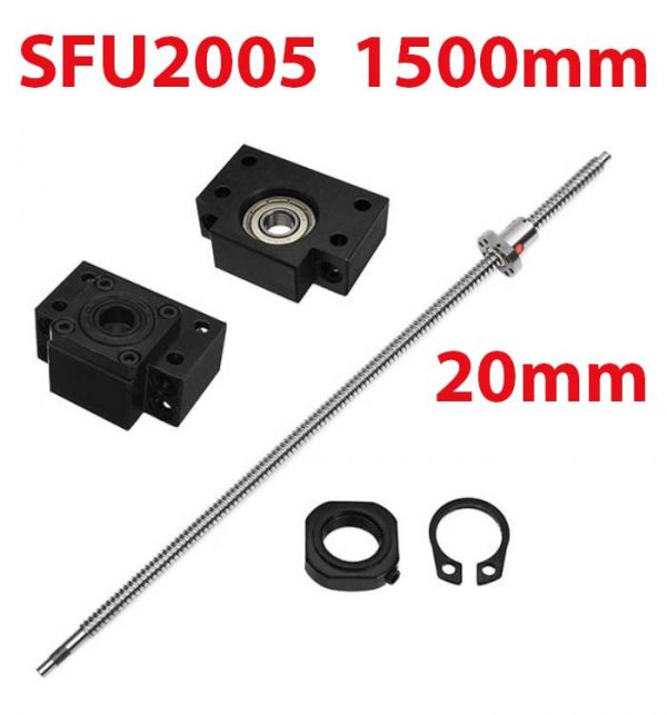 SFU2005 1500mm Kit Vis à billes 20mm par 1500mm avec écrou et paliers (BK15 + BF15)
